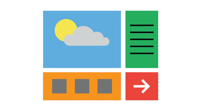 Simple flat ui design of a weather widget with sun, cloud, text area, and navigation buttons, representing information display