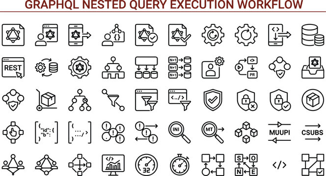 GraphQL Nested Query Execution Workflow Icon Set with API Data Processing and Network Architecture Symbols