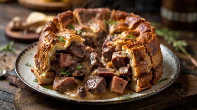 Traditional beef and offal pie (better known as Steak and kidney pie). This is an iconic classic dish of British cuisine.