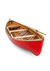 Fototapeta premium Classic Red Wooden Rowboat with Oars Isolated on White Background - Traditional Small Boat for Fishing and Leisure