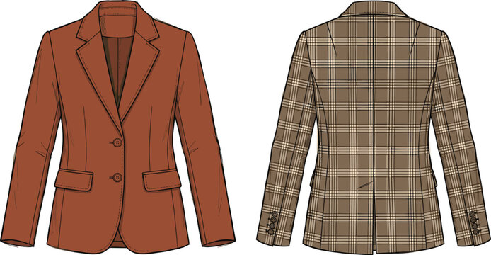 Elegant women blazer jacket front and back view with plaid pattern fashion apparel vector illustration template