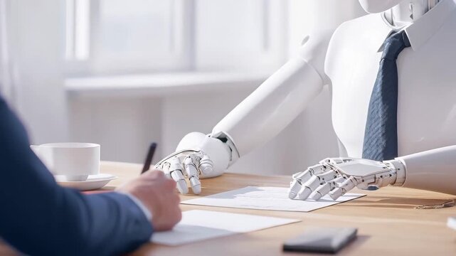 White humanoid robot wearing a tie sitting across 
from businessman at office desk during formal meeting. artificial intelligence in business, automation, 
future of work, human-robot and AI assistant