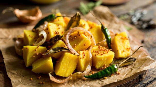 The traditional dish is Alu Jira or Bombay potatoes (in the South Indian style &mdash; with curry leaves). It is a popular dry side dish from Indian cuisine.