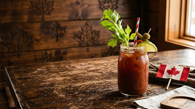 Bloody caesar cocktail with canadian flags and celery garnish Canada Day