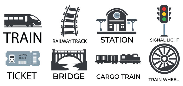 Vector set of railway transportation icons including train station track and cargo