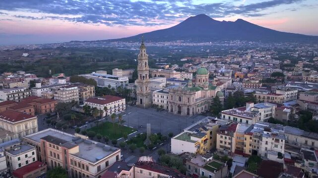Pompeii City center at Sunrise time, Aerial shot. Santuario della Beata Vergine Maria del Santo Rosario di Pompei. 