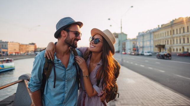 Smiling couple city travel waterfront promenade sunset