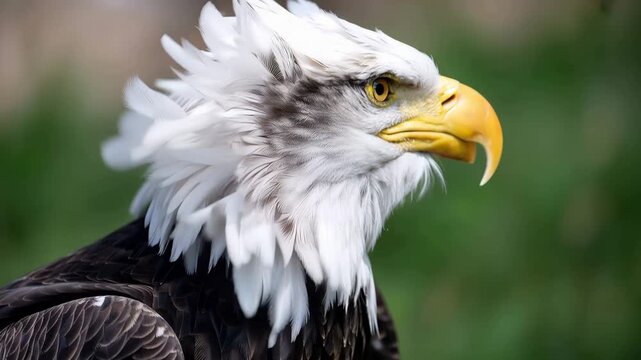 Majestic bald eagle profile with white head feathers and yellow beak. Powerful American raptor bird of prey in a natural outdoor setting. Close up of a wild eagle head against green background.