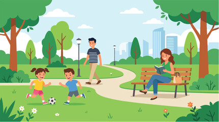 Naklejka premium People Enjoying Outdoor Activities in a Green City Park Vector Illustration 