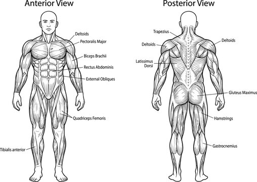 Human Muscle Anatomy Diagram with Anterior and Posterior Views, Labeled Body Muscles and Medical Fitness Vector Illustration
