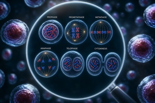 3d visualization of cell division stages from interphase through cytokinesis, representing cellular reproduction and biological growth