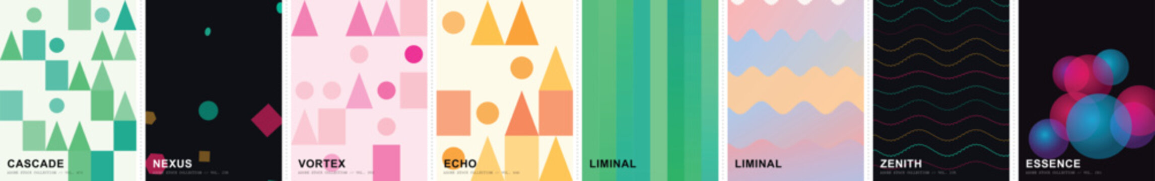 Abstract geometric poster collection, set of 8 colorful vector backgrounds, minimalist pattern covers with shapes and gradients