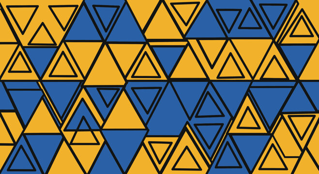 Geometric Abstract Triangle Pattern in Blue and Yellow, Repeating Mosaic Background Vector with Bold Outlines
