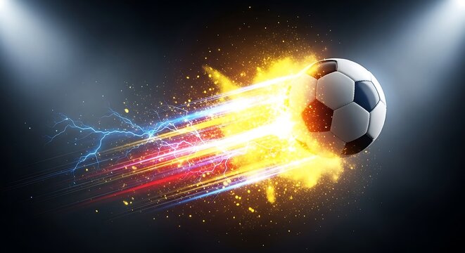 Soccer ball exploding with bright energy burst