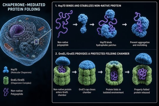 Detailed diagram of chaperone-mediated protein folding, showing a hydrophobic core being protected by a barrel-shaped chaperonin complex like groel-groes