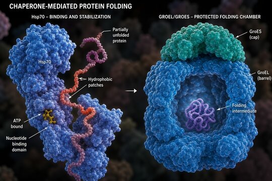 Molecular illustration showing chaperone proteins assisting a newly synthesized polypeptide chain in folding into its correct three-dimensional native structure