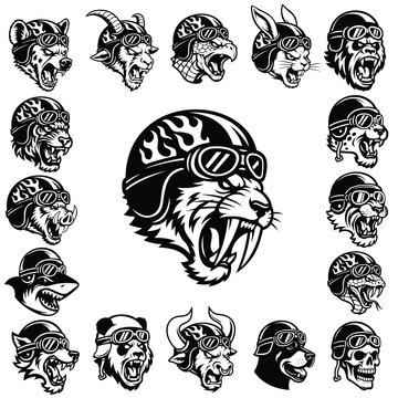 16 Rampaging Animal Racer Biker Bundle Vintage Helmet Monochrome Tattoo Vector Set