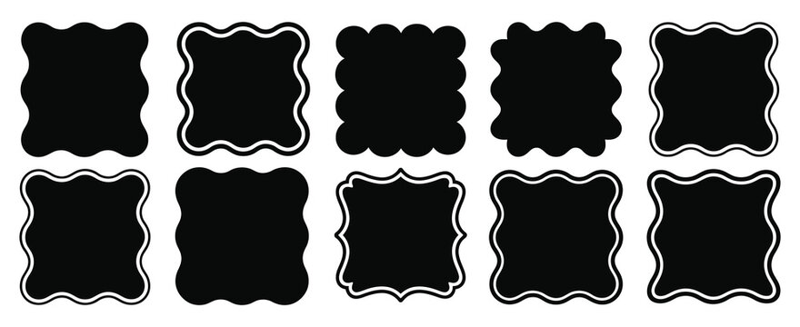 Organic Frame Square Wavy Text Box and Irregular Shapes Doodle Set Featuring Abstract Geometric Border Elements, Empty Fluid Forms, Hand Drawn Vector Illustration