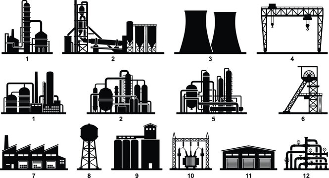 Industrial Factory Icon Collection with Power Plants, Refineries, Warehouses and Manufacturing Facility Vector Silhouettes