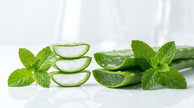 Freshly sliced aloe vera and mint leaves arranged on a white surface for organic skincare.