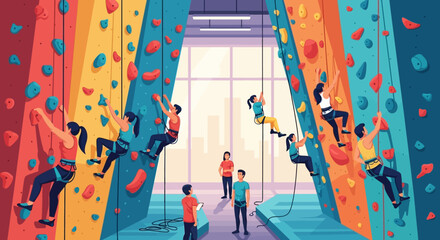People climbing indoor colorful rock wall. © Fauzi