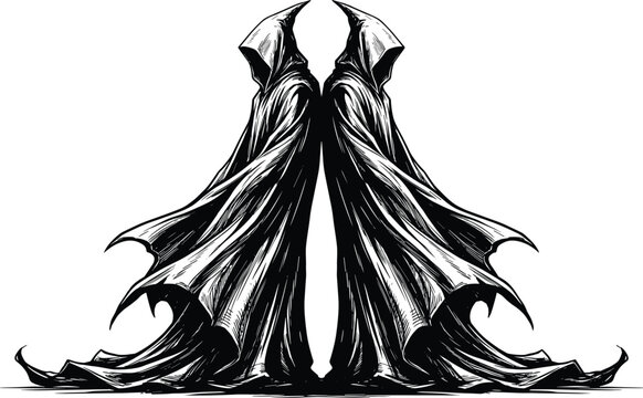 Dark Hooded Cloak Figure Illustration with Gothic Fantasy Robes, Mysterious Shadow Characters and Horror Vector Design