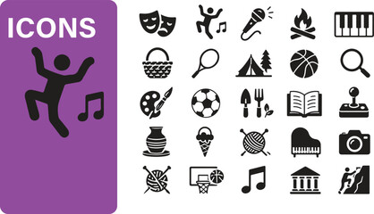 Hobby and Leisure Activity Icon Set - Creative Arts, Sports, and Outdoor Entertainment Glyph Vector Collection. © vectorzking