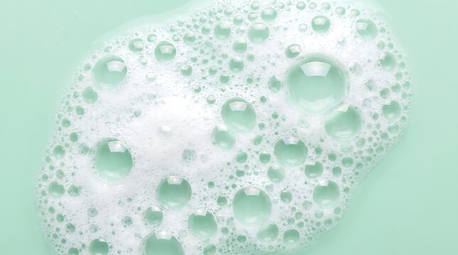 White soap foam bubbles on a soft mint green background represent clean skincare beauty products.