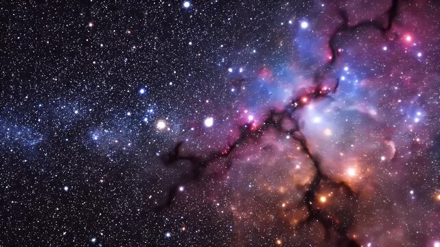 A stunning astrophotography image reveals a vibrant nebula interwoven with dark dust lanes against a backdrop of countless stars in the vast expanse of space.