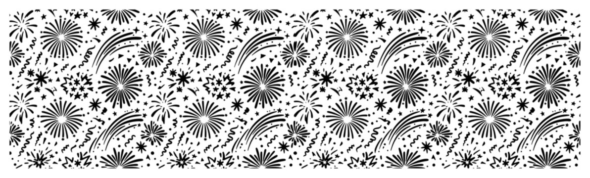 Fireworks celebration seamless pattern with festive starbursts and cosmic sparkles
