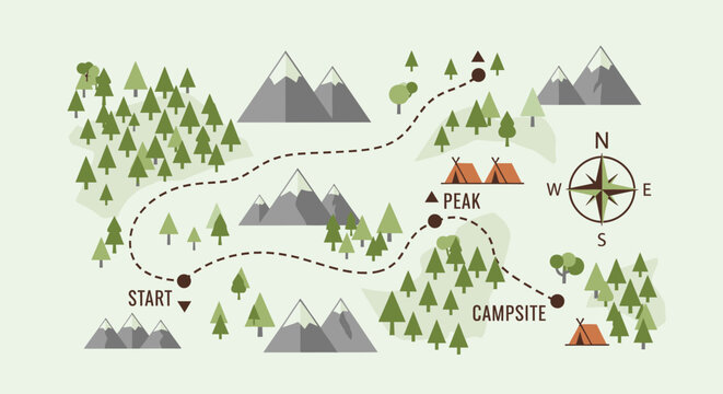 Trail map with compass and mountains.
