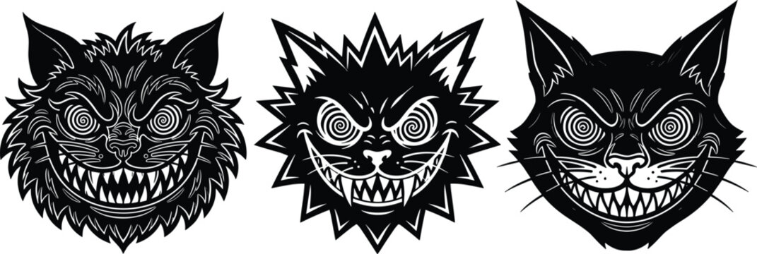 Evil Cheshire Cat Face Collection with Creepy Grinning Feline Monsters, Horror Mascots and Dark Halloween Vector Set