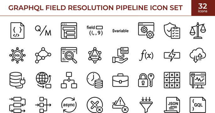 GraphQL Field Resolution Pipeline Icon Set with API Data Processing and Network Workflow Architecture Symbols
