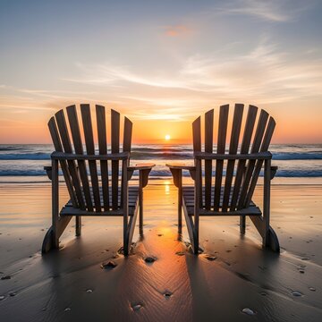 Two chairs at sunset beach Vector