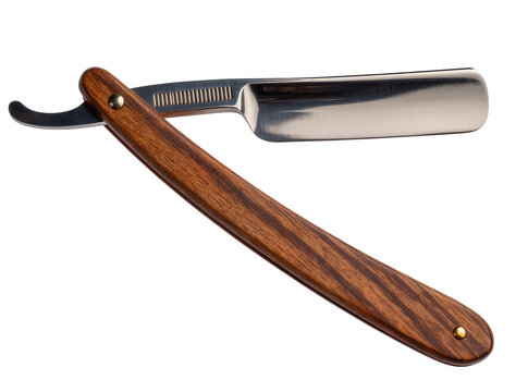 Isolated traditional straight razor with a beautiful wooden handle and shiny metal blade