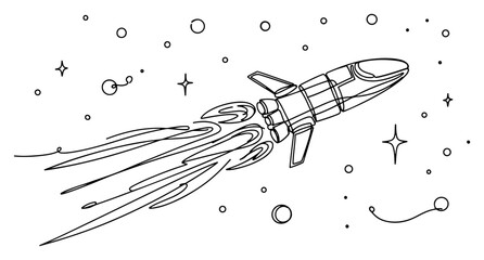 Space rocket flying among stars and planets in continuous line art style © Cristiano