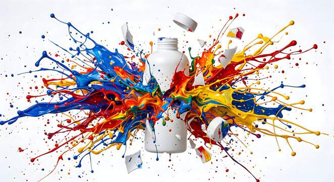 Dynamic explosion of colorful paint splashing out of a shattered white bottle on a white background