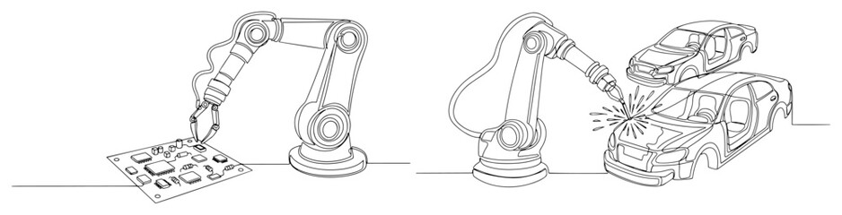 Industrial robotic arms working on automobile assembly and circuit board in line art style © Cristiano