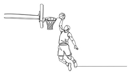 Basketball player performing slam dunk at hoop in minimalist continuous line art style © Cristiano