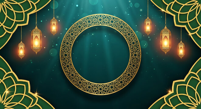Elegant islamic geometric frame with hanging lanterns on teal background geometric lanterns background ornamental decorative ornament traditional celebration religion