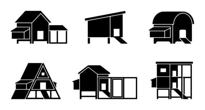 Chicken Coop Vector Icons Set, Poultry House Silhouettes, Farm Animal Shelter Designs, Modern and Traditional Structures, Black and White Graphics