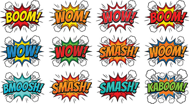 Comic Speech Explosion Collection with Boom, Smash, Wow and Kaboom Text Effects in Pop Art Vector Style