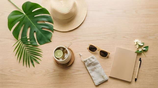 tropical summer workspace flatlay 