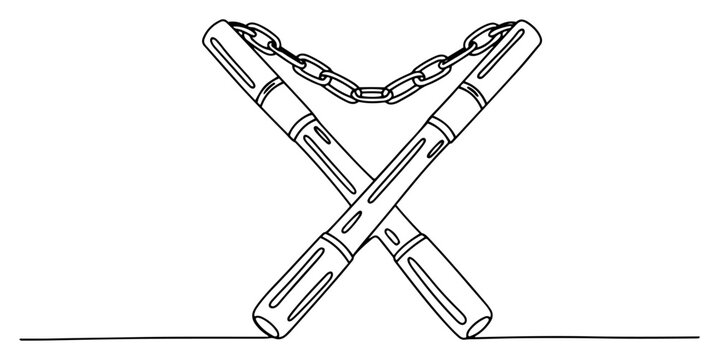Nunchaku martial arts weapon with chain in continuous line art style