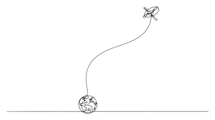 Satellite orbiting planet earth in outer space in minimalist continuous line art style © Cristiano