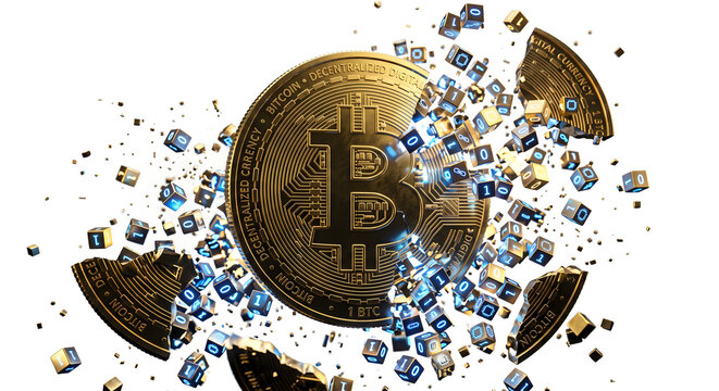 Golden Bitcoin coin shattering into glowing digital data blocks and binary code on a white background