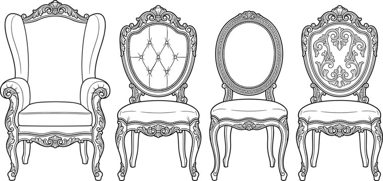 Luxury Vintage Chair Collection with Ornamental Royal Furniture, Antique Seating Designs and Elegant Classic Interior Vector Set