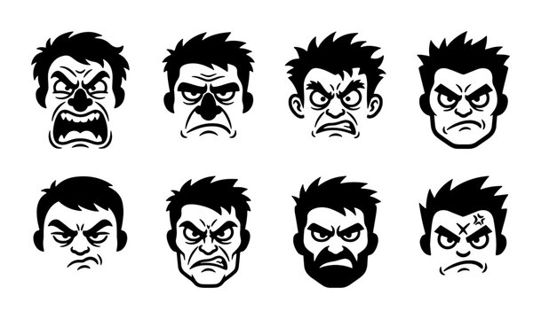 Angry Face Icons, Grumpy Man Expressions, Furious Character Emoticons, Aggressive Emotion Symbols, Vector Set