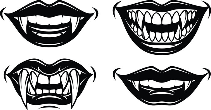 Scary Vampire Mouth Collection with Sharp Fangs, Horror Monster Lips, Creepy Teeth Expressions and Halloween Vector Set