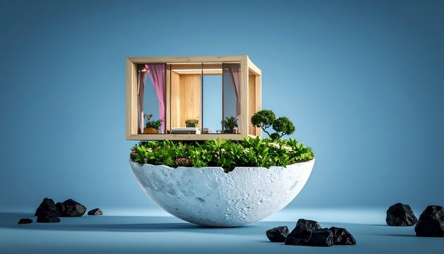 Levitating tiny house on a verdant half-sphere against a light blue background
